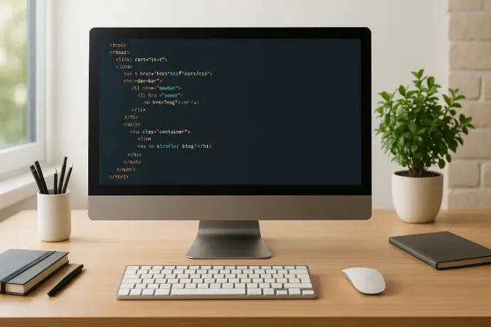 Realizzazione Siti Web Desktop che descrive codice html su una scrivania